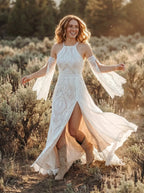 Bohemian A-Line Halter Cold Shoulder Maxi Wedding Dress