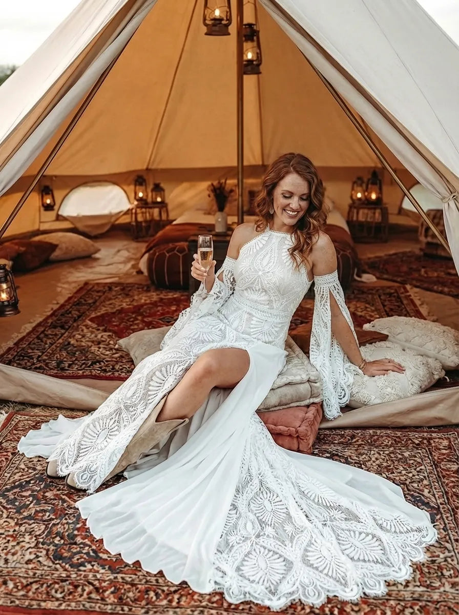 Bohemian A-Line Halter Cold Shoulder Maxi Wedding Dress