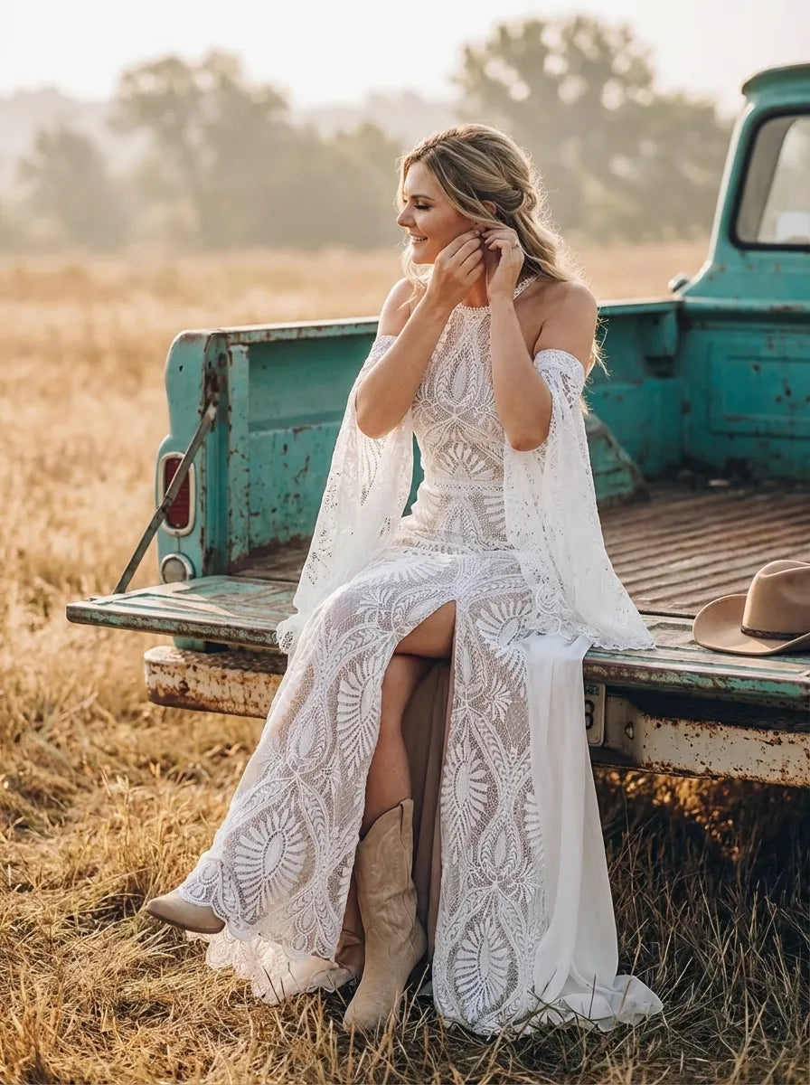 Bohemian A-Line Halter Cold Shoulder Maxi Wedding Dress