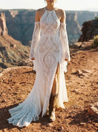 Bohemian A-Line Halter Cold Shoulder Maxi Wedding Dress