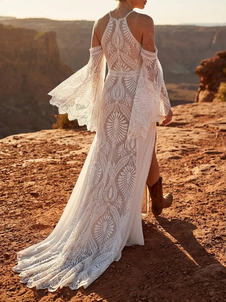 Bohemian A-Line Halter Cold Shoulder Maxi Wedding Dress