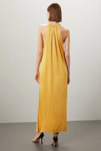 Bohemian A Line Halter Neck Sleeveless Draped Back Floor Length Plus Size Prom Dress