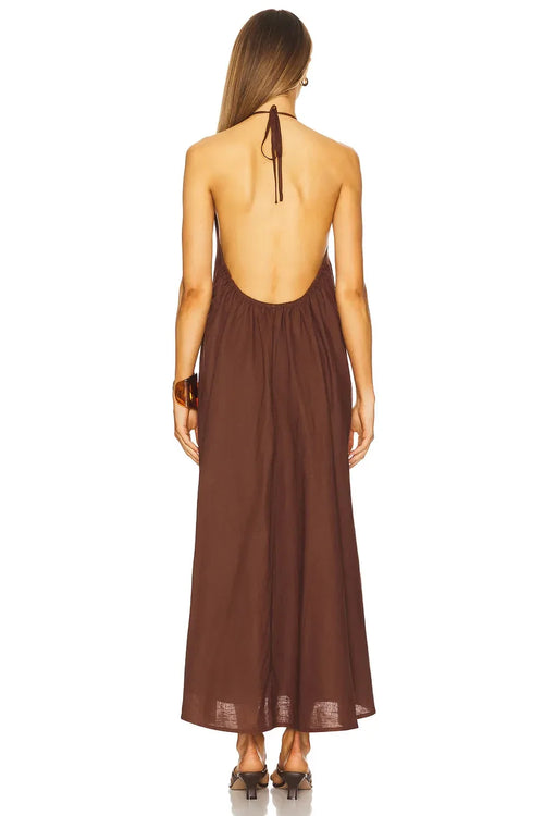 Robe de soirée longue bohème sans manches à licou et dos noué