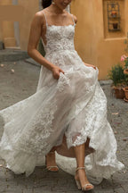 Bohemian Square Neck Sleeveless A-Line Applique Long Wedding Dress