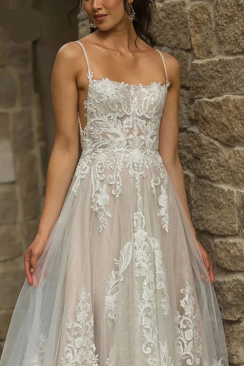 Bohemian Square Neck Sleeveless A-Line Applique Long Wedding Dress
