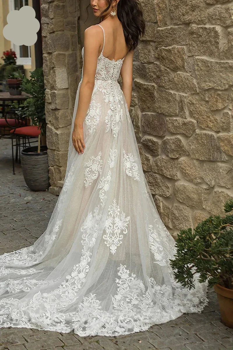 Bohemian Square Neck Sleeveless A-Line Applique Long Wedding Dress