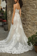 Bohemian Square Neck Sleeveless A-Line Applique Long Wedding Dress