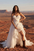 Bohemian A-Line Strapless Ruffled Ruched Ivory Train Wedding Dress