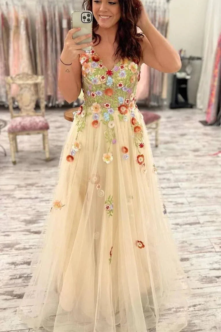 Boho V-Neck Floral Embroidered Prom Dress