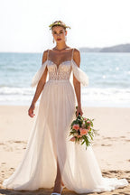 Boho A-Line Off the Shoulder Sleeveless Slit Sweep Train Wedding Dress