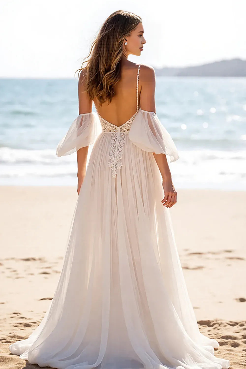 Boho A-Line Off the Shoulder Sleeveless Slit Sweep Train Wedding Dress