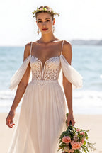 Boho A-Line Off the Shoulder Sleeveless Slit Sweep Train Wedding Dress