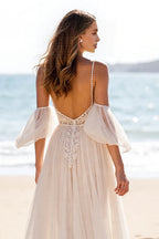 Boho A-Line Off the Shoulder Sleeveless Slit Sweep Train Wedding Dress