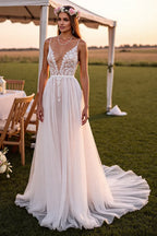 Boho A-Line Spaghetti Straps Sleeveless Sweep Train Wedding Dress