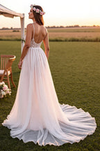 Boho A-Line Spaghetti Straps Sleeveless Sweep Train Wedding Dress