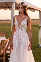 Boho A-Line Spaghetti Straps Sleeveless Sweep Train Wedding Dress
