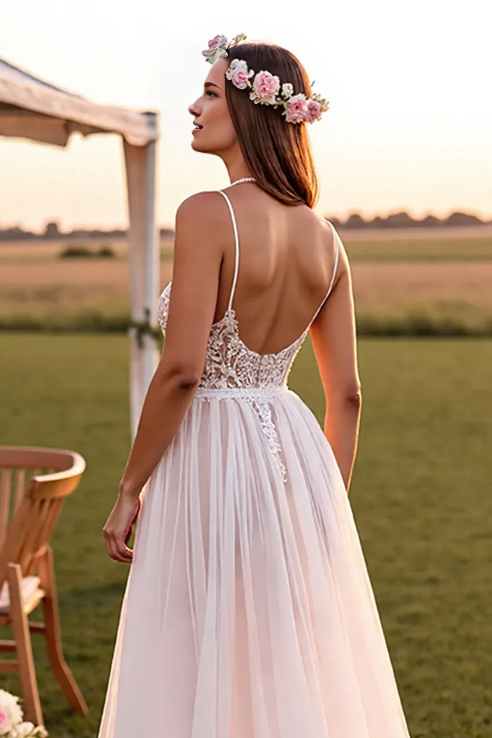 Boho A-Line Spaghetti Straps Sleeveless Sweep Train Wedding Dress