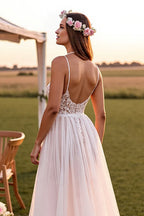 Boho A-Line Spaghetti Straps Sleeveless Sweep Train Wedding Dress