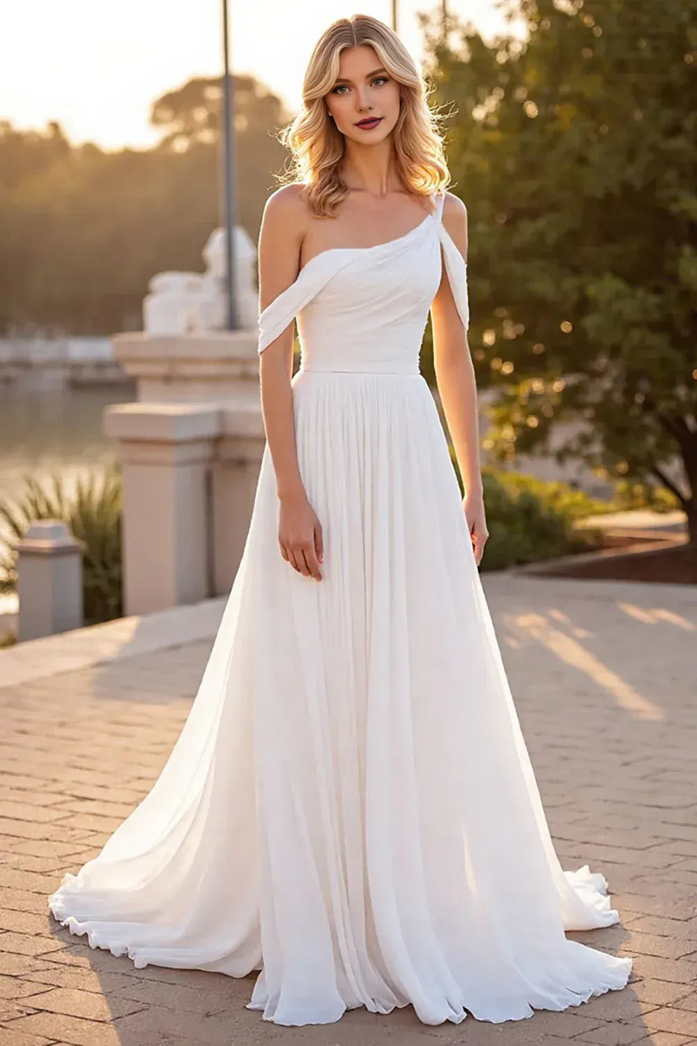 Boho A Line Asymmetrical Neck Sleeveless Sweep Train Wedding Dress
