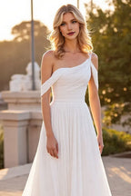 Boho A Line Asymmetrical Neck Sleeveless Sweep Train Wedding Dress