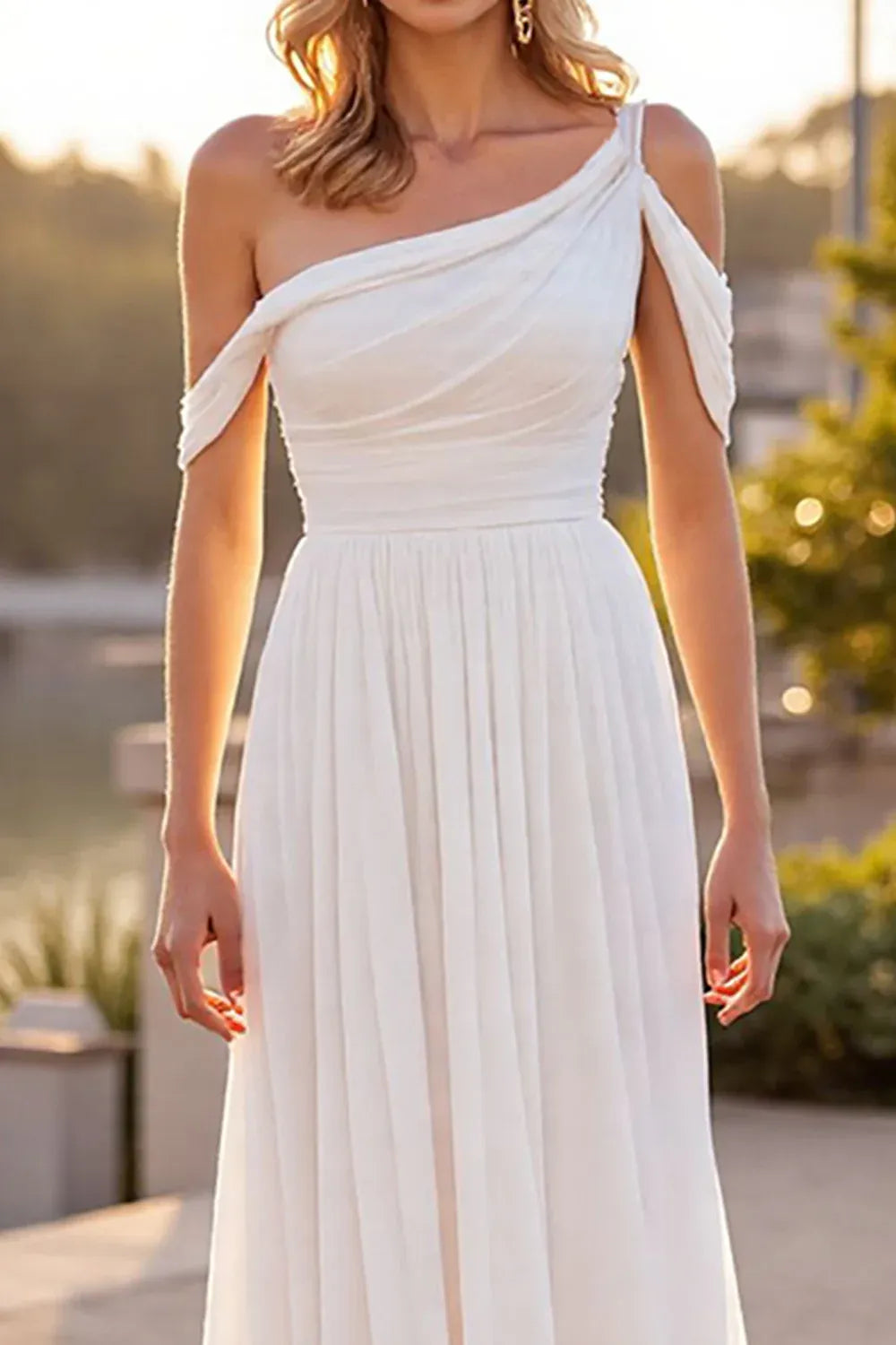Boho A Line Asymmetrical Neck Sleeveless Sweep Train Wedding Dress
