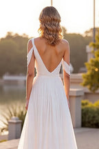 Boho A Line Asymmetrical Neck Sleeveless Sweep Train Wedding Dress