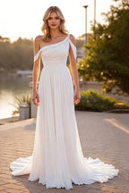 Boho A Line Asymmetrical Neck Sleeveless Sweep Train Wedding Dress