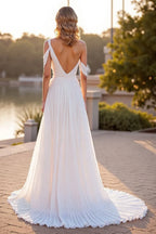 Boho A Line Asymmetrical Neck Sleeveless Sweep Train Wedding Dress