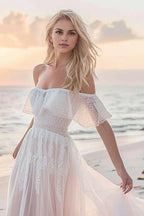 Boho A Line Off the Shoulder Sleeveless Sweep/Brush Train Wedding Dress