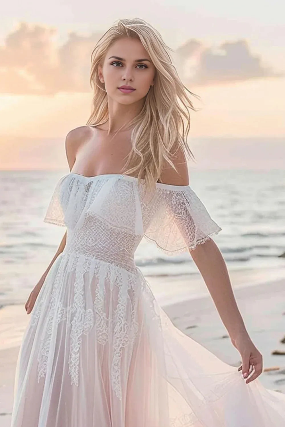 Boho A Line Off the Shoulder Sleeveless Sweep/Brush Train Wedding Dress