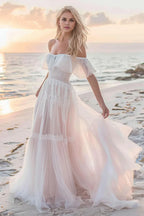 Boho A Line Off the Shoulder Sleeveless Sweep/Brush Train Wedding Dress
