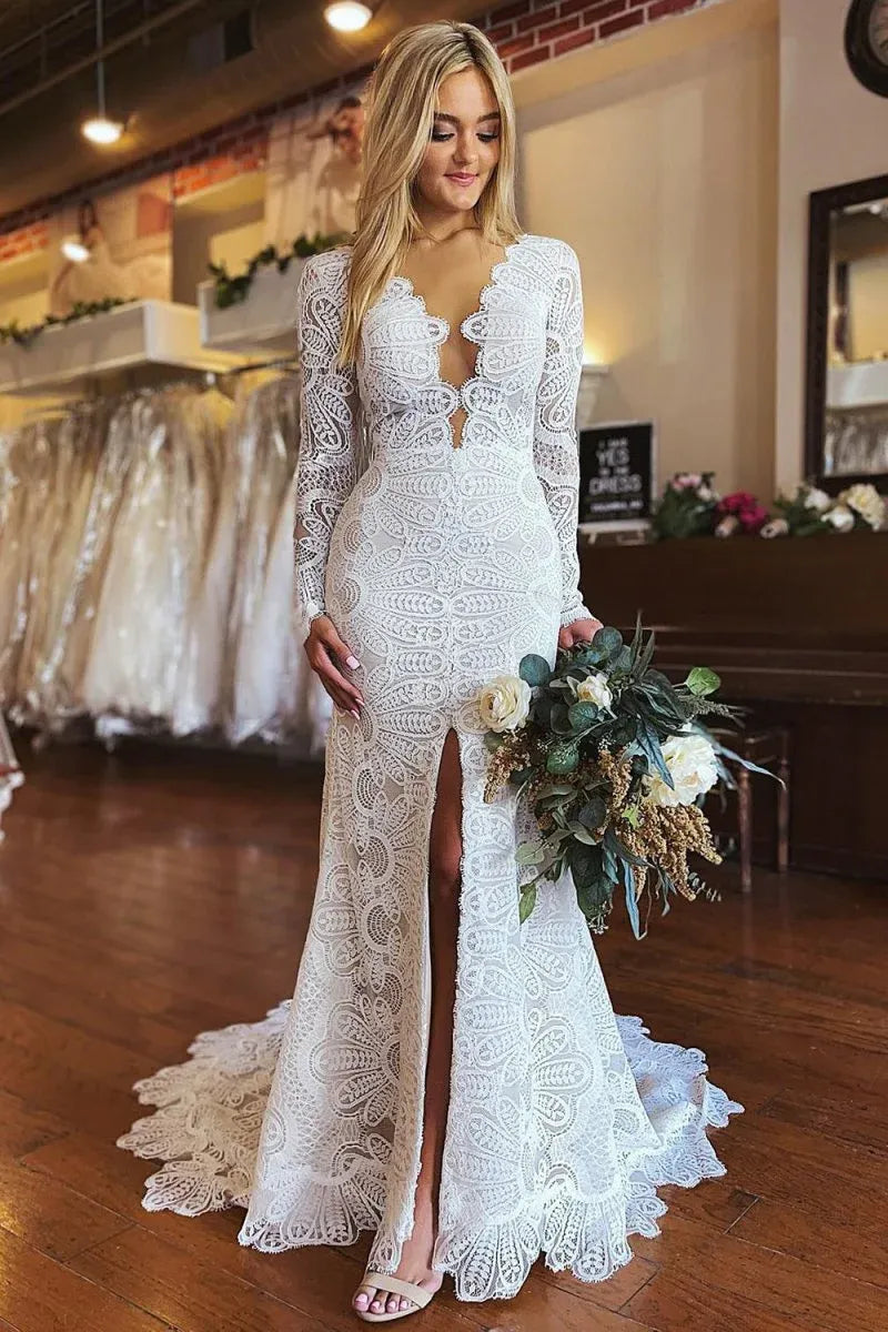 Boho Mermaid V Neck Long Sleeve Appliques Sweep Train Wedding Dress