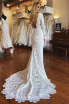 Boho Mermaid V Neck Long Sleeve Appliques Sweep Train Wedding Dress