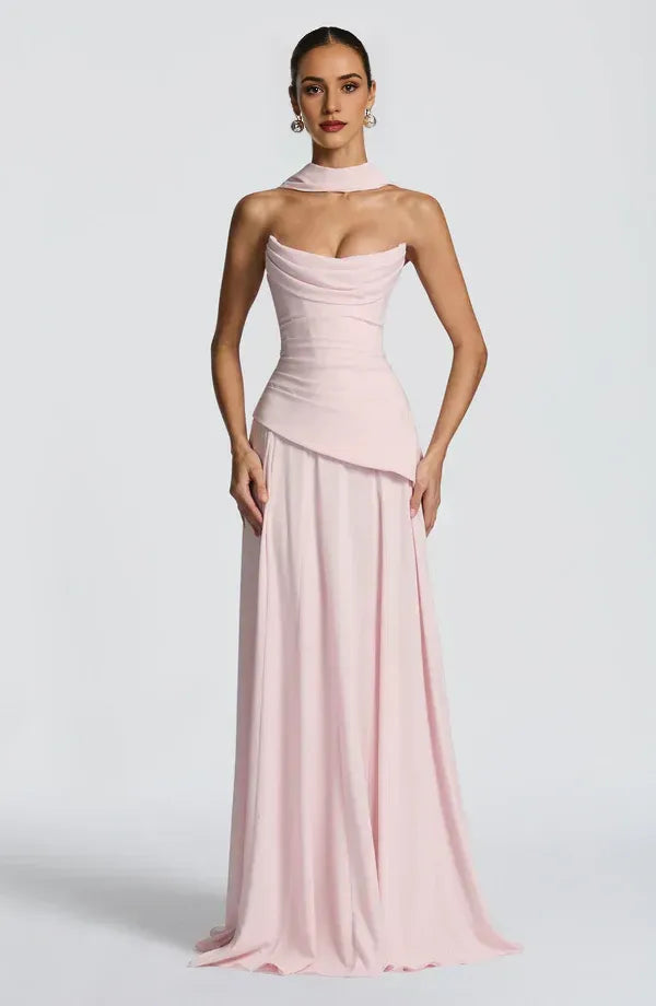 Bold A Line Cowl Neck Choker Strap Lace Up Back Floor Length For Women Prom Dress