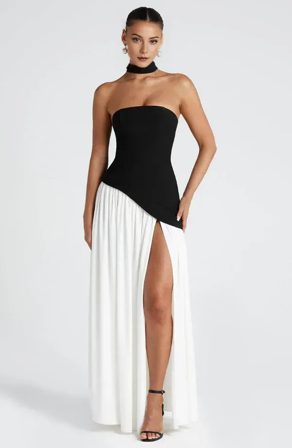 Bold A Line Strapless Choker Strap Lace Up Back High Slit Floor Length For Sale Prom Dress
