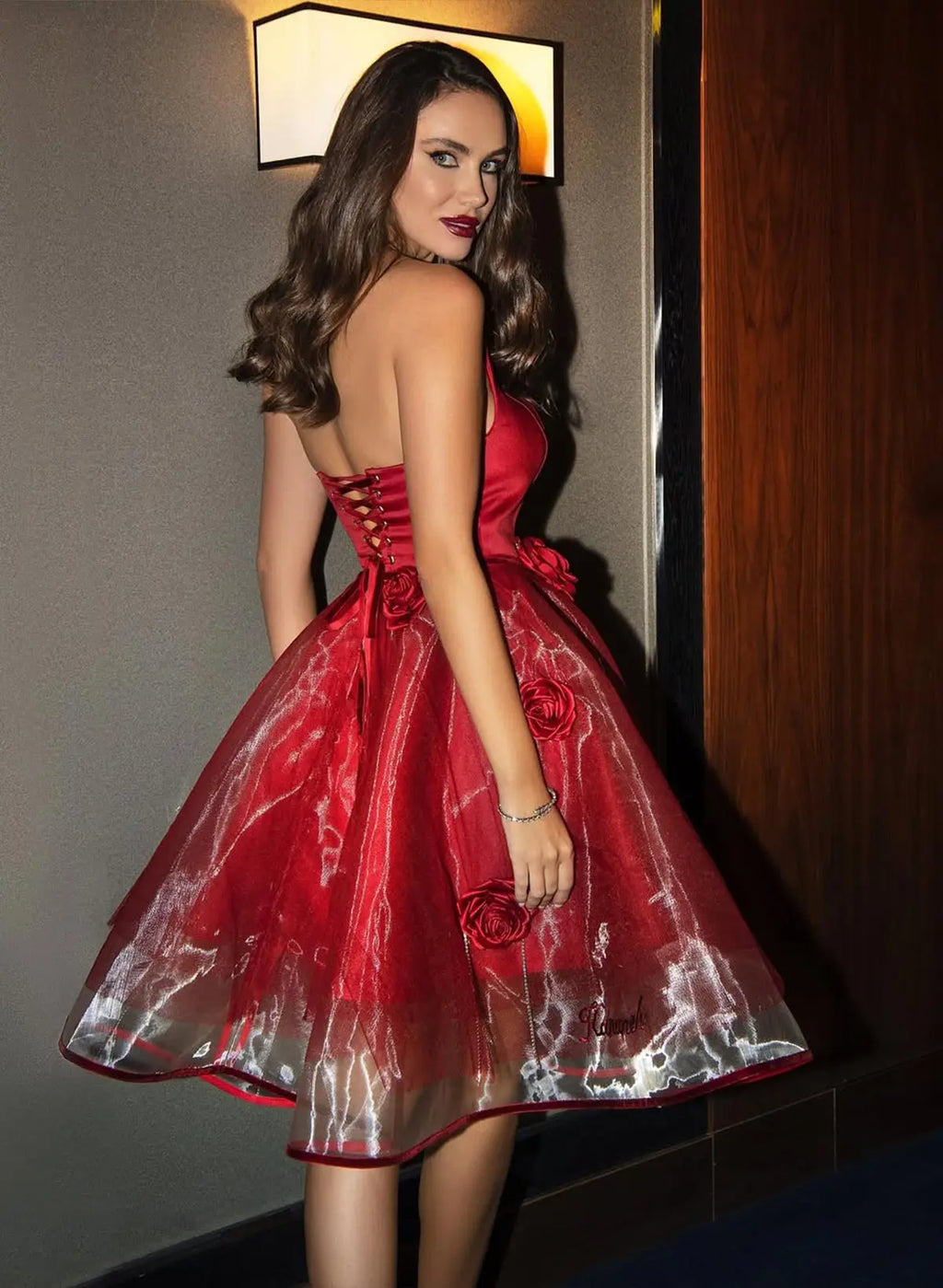 Bold A-Line Strapless Sweetheart Midi Cocktail Dress with 3D Roses