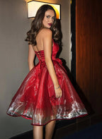 Bold A-Line Strapless Sweetheart Midi Cocktail Dress with 3D Roses