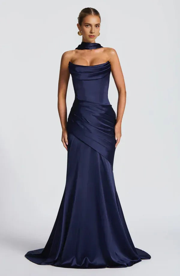 Bold Mermaid Cowl Neck Choker Strap Lace Up Back Train Floor Length For Women Prom Dress