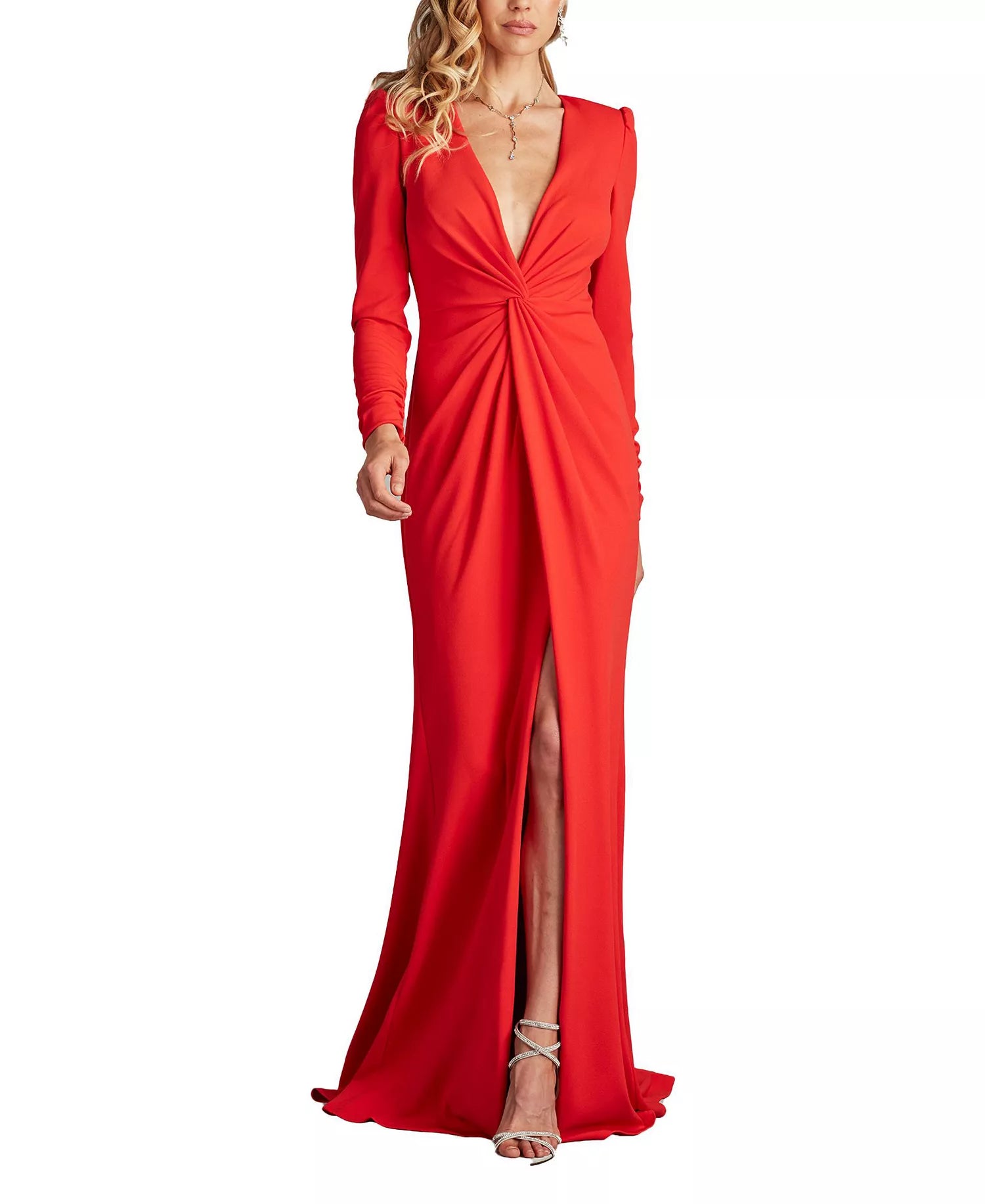 Bold Mermaid Deep V Neck Long Sleeve Knotn Detail Train Floor Length For Women Prom Dress