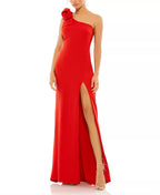 Bold One Shoulder Rosette Accent Slit Hem Floor Length For Ladies Prom Dress