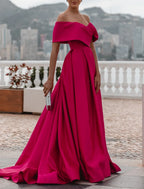 Bold A-line Off-the-shoulder Sleeveless Draped Hot Pink Maxi Prom Dress for Women Ready to Ship