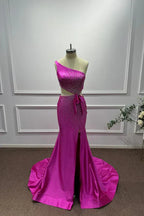 Bold Mermaid One-Shoulder Sleeveless Beaded Hot Pink Maxi Evening Dress for Women Custom