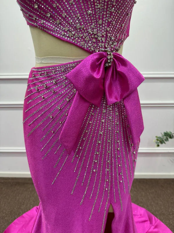 Bold Mermaid One-Shoulder Sleeveless Beaded Hot Pink Maxi Evening Dress for Women Custom