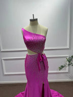 Bold Mermaid One-Shoulder Sleeveless Beaded Hot Pink Maxi Evening Dress for Women Custom