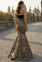 Leopard Print Mermaid Prom Dress Floor Length Strapless With Cutout Twisted Knot Bust For Women