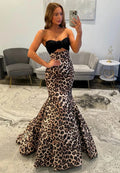 Leopard Print Mermaid Prom Dress Floor Length Strapless With Cutout Twisted Knot Bust For Women