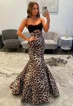 Leopard Print Mermaid Prom Dress Floor Length Strapless With Cutout Twisted Knot Bust For Women