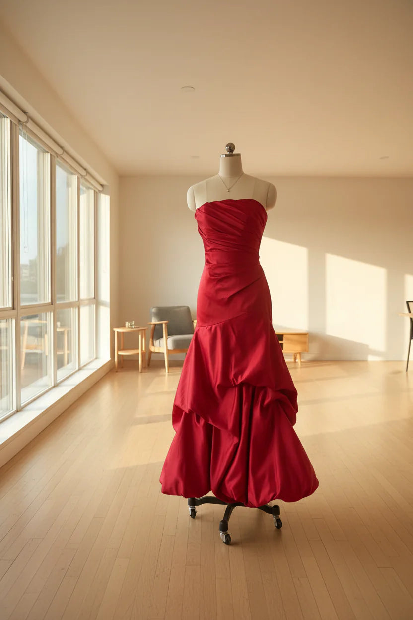 Bold Red Strapless Mermaid Prom Dress For Prom Night With Ruched Satin Bodice And Dramatic Bubble Hem
