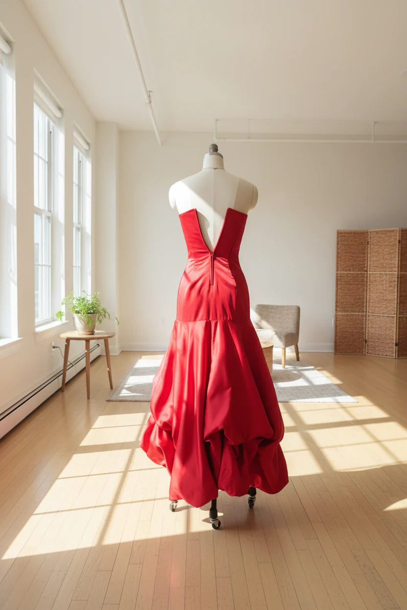 Bold Red Strapless Mermaid Prom Dress For Prom Night With Ruched Satin Bodice And Dramatic Bubble Hem