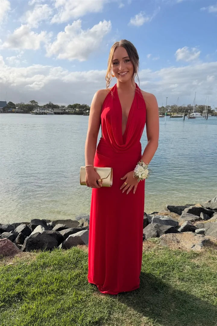 Red Halter-Neck Cowl-Back Floor-Length Prom Dress